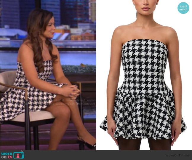 Naked Wardrobe Houndstooth Check Tweed Strapless Minidress worn by Jen Affleck on Live with Kelly and Mark
