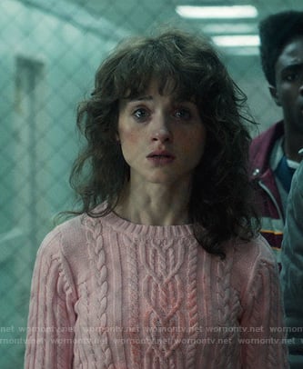 Nancy's pink cable knit sweater on Stranger Things