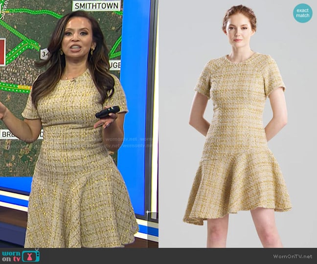 Natori Sparkle Tweed Short Sleeve Flounce Dress worn by Adelle Caballero on Today
