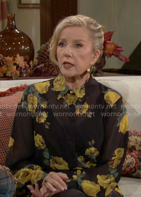 Nikki's black and yellow rose print blouse and pants set on The Young and the Restless