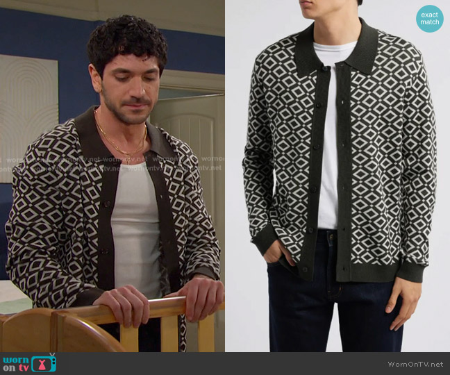 NN07 Thor 6584 Wool Blend Polo Cardigan in Dark Army worn by Javi Hernandez (Al Calderon) on Days of our Lives
