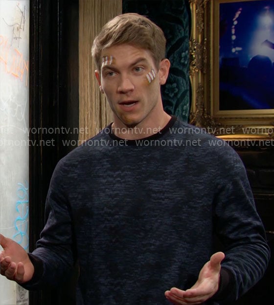 Noah’s blue textured print sweater on The Young and the Restless
