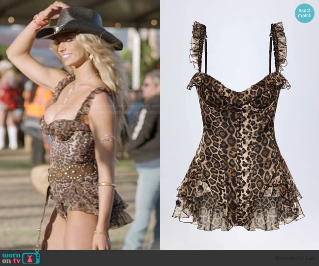 Oh Polly Caelie Ruffled Corset Bodysuit in Leopard Print worn by Miranda McWhorter on The Secret Lives of Mormon Wives