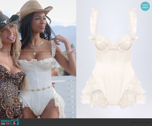 Oh Polly Caelie Ruffled Corset Bodysuit in White worn by Layla Taylor on The Secret Lives of Mormon Wives