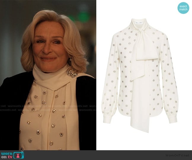 Oscar de la Renta crystal-embellished tie-neck blouse worn by Dina Standish (Glenn Close) on Alls Fair