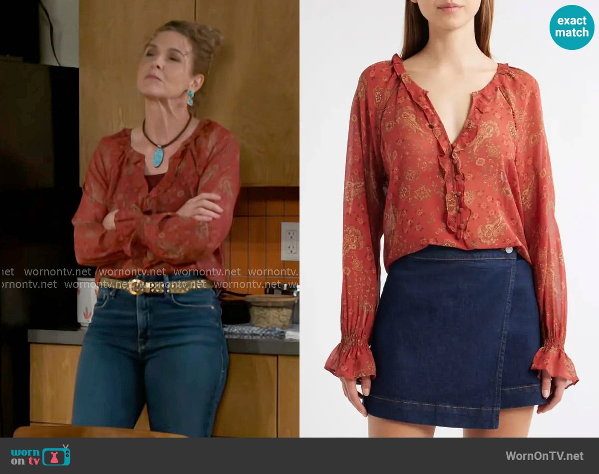 Paige Alison Top in Carmine Red worn by Jan Morgan (Jerri Tubbs) on Beyond the Gates