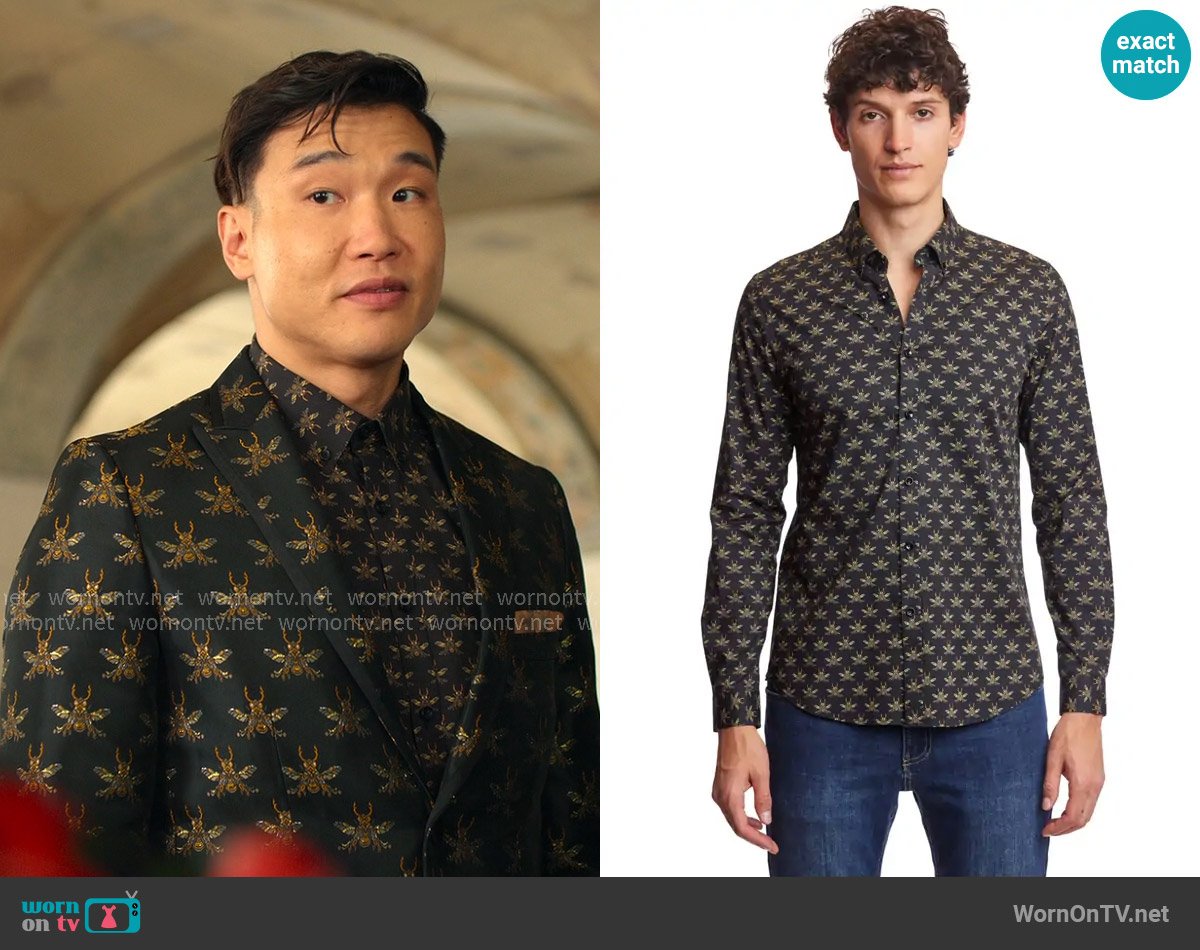 Paisley & Gray Brian Button Down Shirt in Black Bees worn by Nicholas (Joel Kim Booster) on Loot