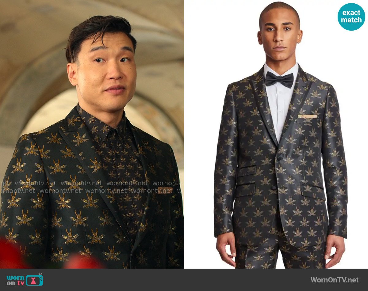 Paisley & Gray Grosvenor Peak Tux Jacket in Black Bees worn by Nicholas (Joel Kim Booster) on Loot