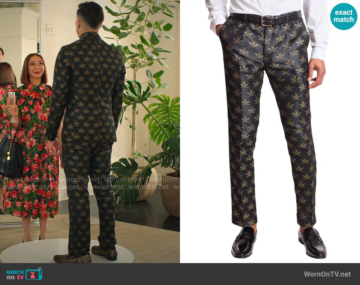 Paisley & Gray Sloane Tux Pants in Black Bees worn by Nicholas (Joel Kim Booster) on Loot