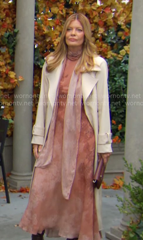 Phyllis's long pink dress with scarf on The Young and the Restless