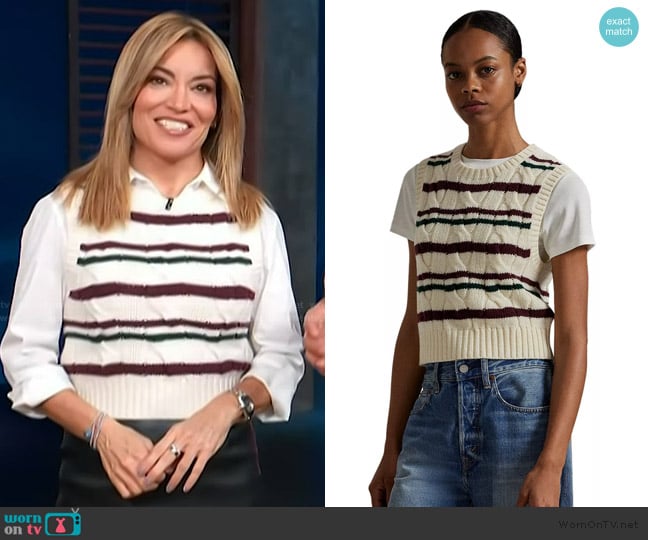 Polo Ralph Lauren Striped Cable Wool Cashmere Sweater Vest worn by Kit Hoover on Access Hollywood