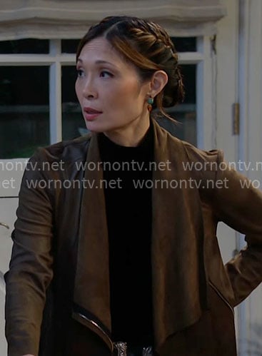Poppy’s olive suede draped front jacket on The Bold and the Beautiful