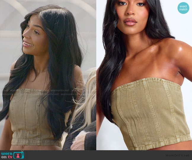 Pretty Little Thing Tall Washed Khaki Denim Bandeau Corset Top worn by Layla Taylor on The Secret Lives of Mormon Wives