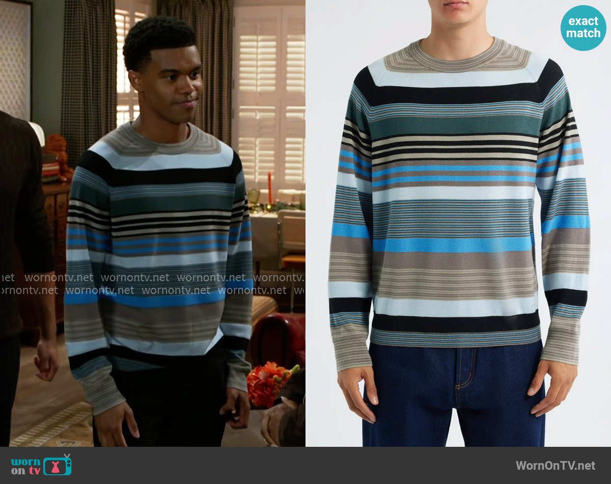 PS Paul Smith Stripe Merino Wool Crewneck Sweater worn by Tyrell Richardson (Jaden Lucas Miller) on Beyond the Gates