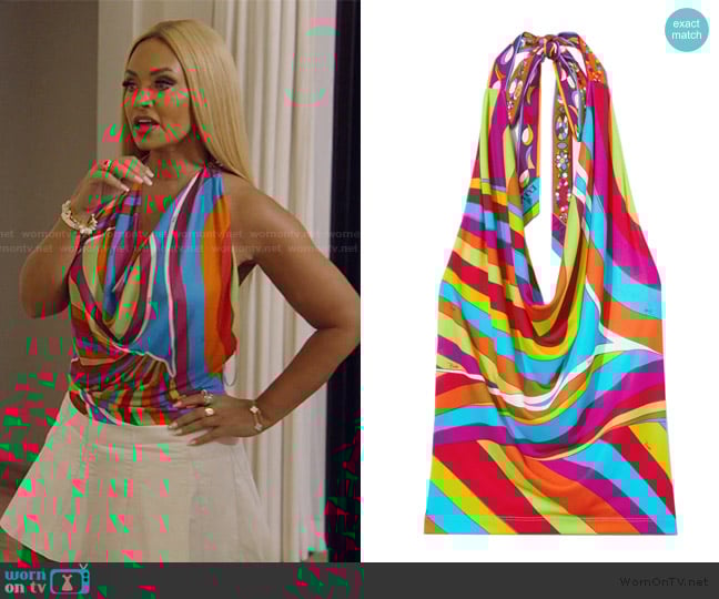 Gizelle’s multicolored drape top on RHOP