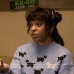 Erica’s blue dog print sweater and lilac jacket on Stranger Things