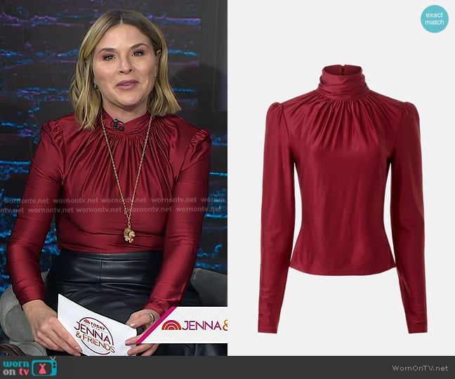 Rabanne Ruched Turtleneck Top in Crimson worn by Jenna Bush Hager on Today