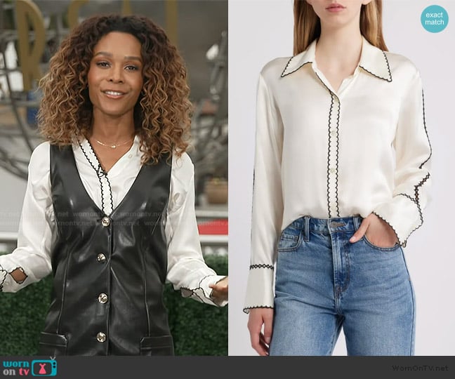 Zuri’s white piping blouse on Access Hollywood Zuri’s white piping blouse on Access Hollywood