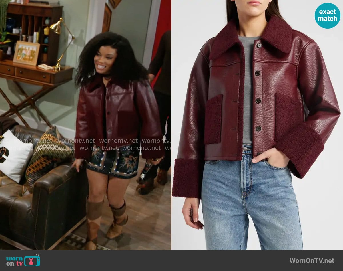 Rails Dria Faux Leather Jacket in Maroon worn by Eva Thomas (Ambyr Michelle) on Beyond the Gates