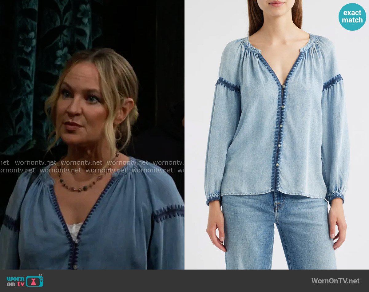 Rails Toshi Blouse in Medium Cloud Wash worn by Sharon Newman (Sharon Case) on The Young and the Restless