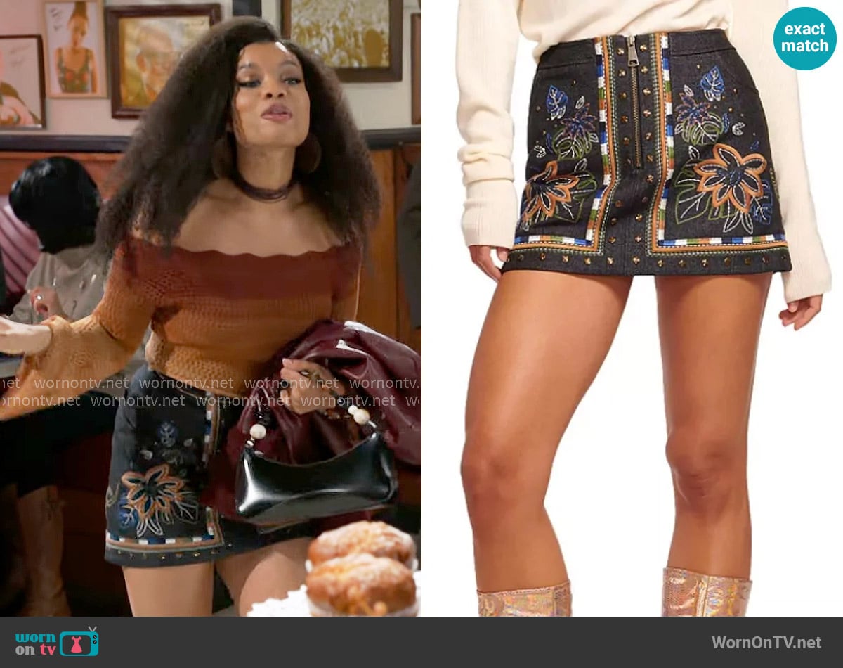 Ramy Brook Gunnar Embroidered Mini Skirt worn by Eva Thomas (Ambyr Michelle) on Beyond the Gates