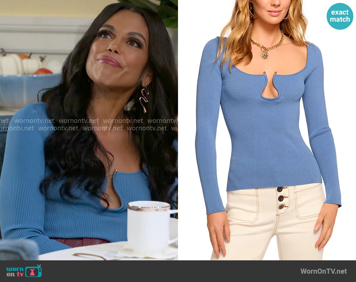 Ramy Brook Lylia Ribbed Wavy U-Ring Top in Cornflower Blue worn by Dani Dupree (Karla Mosley) on Beyond the Gates