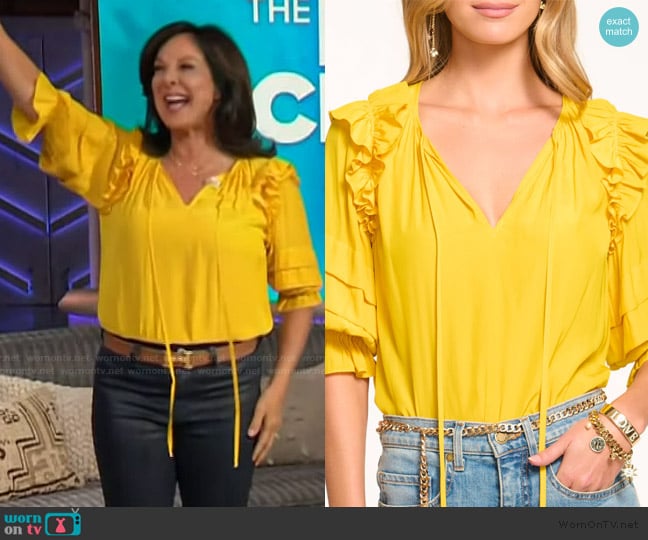 Ramy Brook Samira Ruffle Blouse worn by Emily Kaufman on The Kelly Clarkson Show