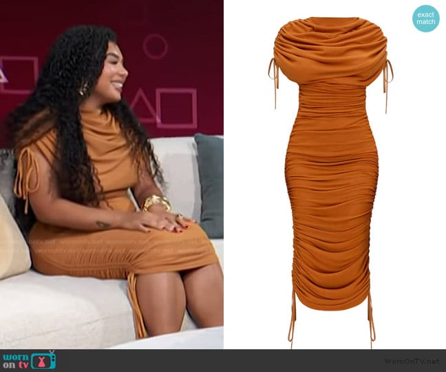Perla’s brown ruched dress on Access Hollywood
