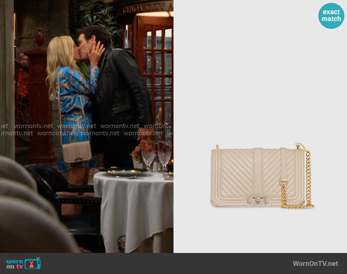 Rebecca Minkoff Chevron Quilted Love Crossbody in Stone worn by Christine Blair Williams (Lauralee Bell) on The Young and the Restless