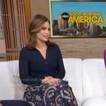 Rebecca's navy knit shirt and paisley print skirt on Good Morning America