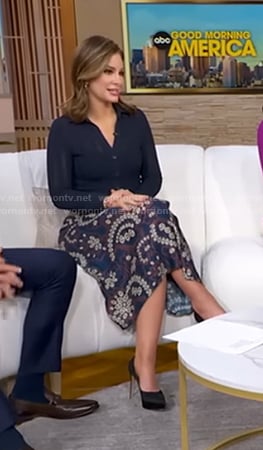Rebecca's navy knit shirt and paisley print skirt on Good Morning America