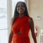 Stacey’s red crossover dress on The Real Housewives of Potomac