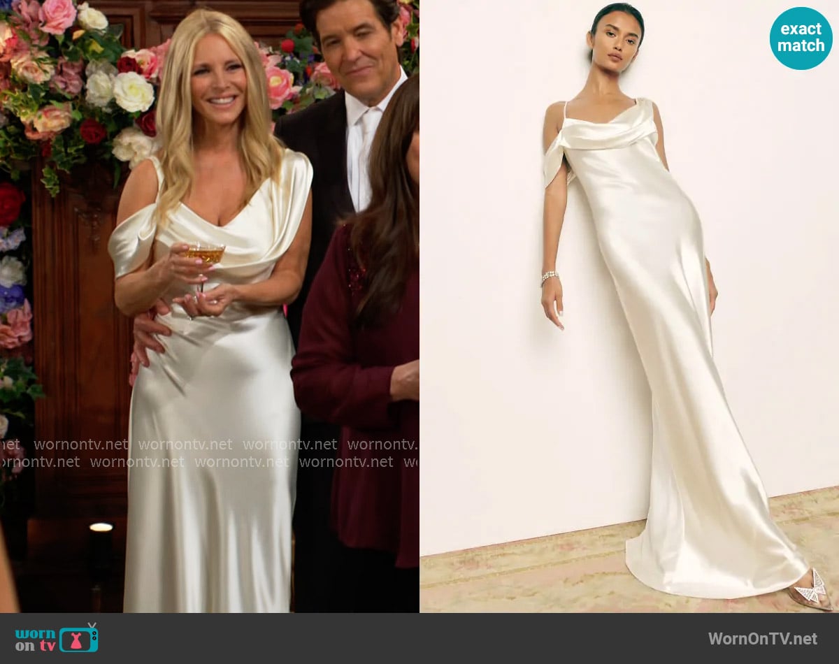 Reformation Ronda Silk Dress in Ivory worn by Christine Blair Williams (Lauralee Bell) on The Young and the Restless