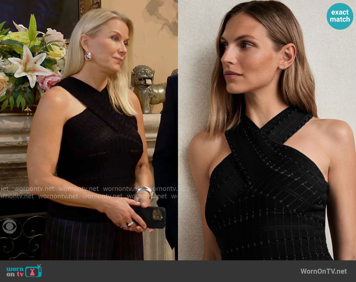Reiss Alex Cross Neck Textured Top in Black worn by Brooke Logan (Katherine Kelly Lang) on The Bold and the Beautiful