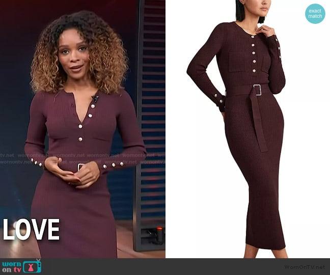 Reiss Buttoned Rib-Knit Midi Dress in Burgundy worn by Zuri Hall on Access Hollywood