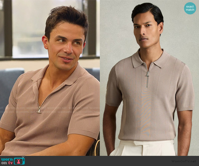 Reiss Half-Zip Textured-Knit Polo Shirt in Taupe Brown worn by (Gio Helou) on Selling the OC