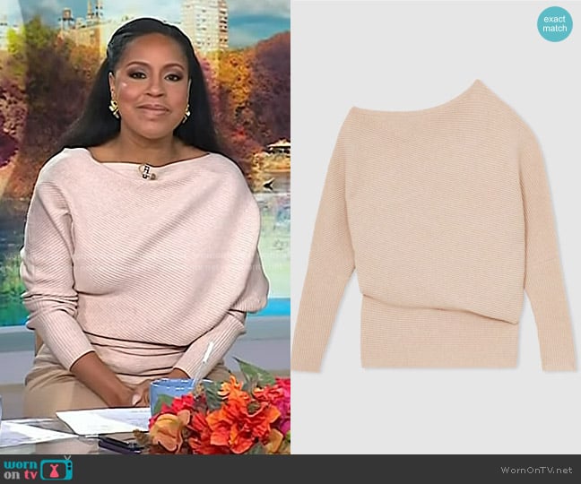 Reiss Lorna Drape Knitted Top in Oatmeal Neutral worn by Sheinelle Jones on Today