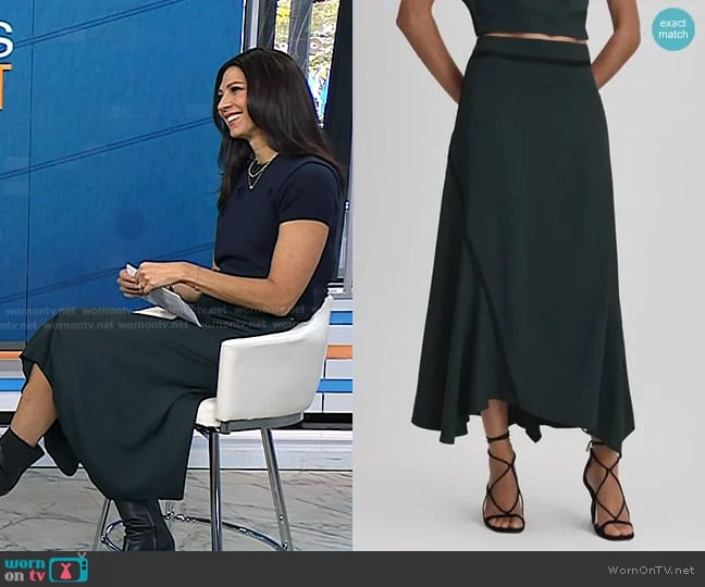 Reiss Sara Asymmetric Contrast Trim Midi Skirt in Green worn by Dr. Natalie Azar on Today