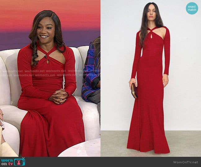 Reiss Vivienne Cut-Out Knitted Maxi Dress in Red worn by Tiffany Haddish on Today