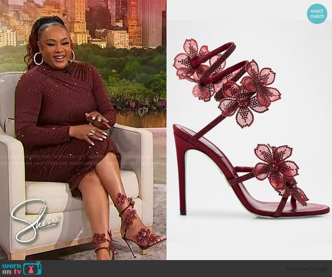 Rene Caovilla Floraine Crystal Flower Satin Snake Wrap Sandals worn by Vivica A. Fox on Sherri