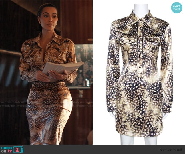 Roberto Cavalli Bicolor Animal Print Silk Shirt Dress worn by Allura Grant (Kim Kardashian) on Alls Fair