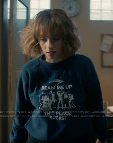 Robin’s navy Beam Me Up sweatshirt on Stranger Things