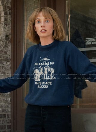 Robin's navy Beam Me Up sweatshirt on Stranger Things