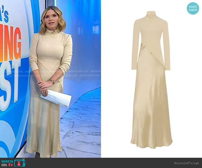 Rosetta Getty Bias-Cut Turtleneck Mix Media Gown in Champagne worn by Jenna Bush Hager on Today