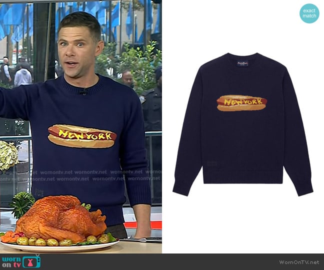 Mikey Day’s navy hot dog sweater on Today