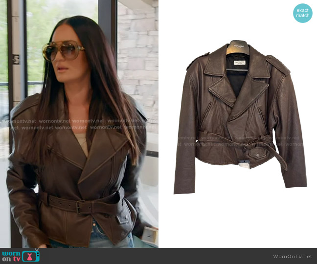 Saint Laurent Belted Leather Jacket worn by Lisa Barlow on The Real Housewives of Salt Lake City