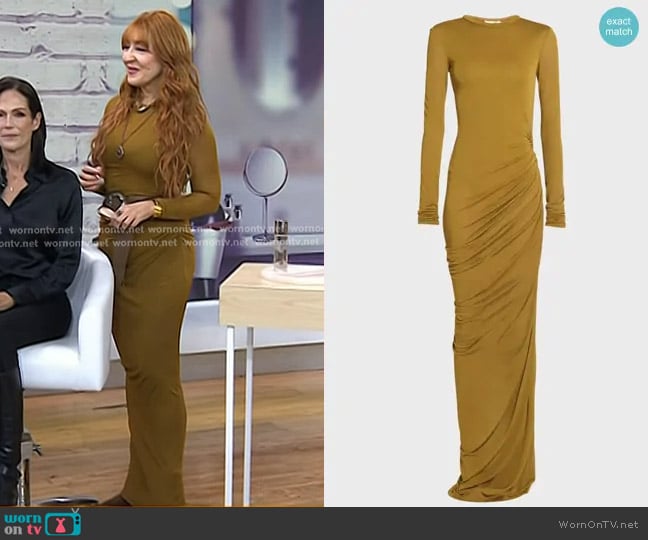 Saint Laurent Sheer Ruched Jersey Maxi Dress in Camel worn by Charlotte Tilbury on Today