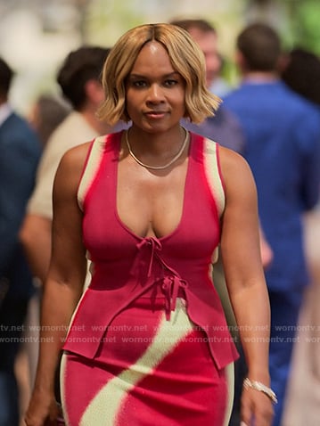 Sally's red tie front vest and skirt on Reasonable Doubt