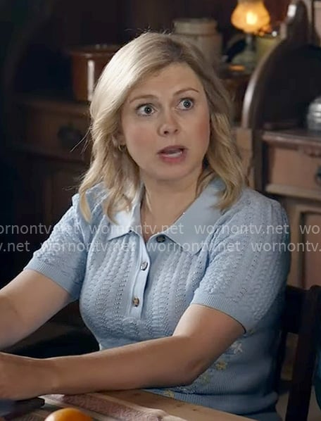 Sam's blue pointelle knit polo sweater on Ghosts