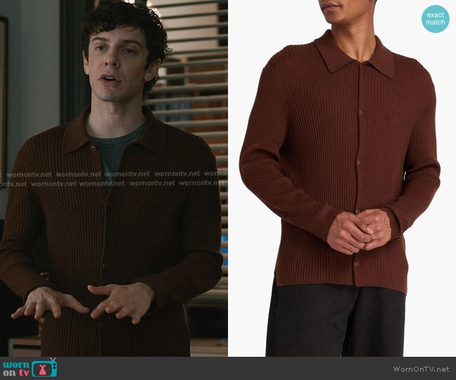 Sandro Adam Ribbed Wool-blend Cardigan in Brown worn by Teddy Tascioni (Ben Levi Ross) on Elsbeth